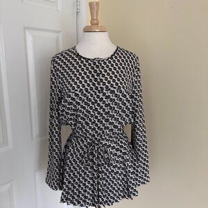 Anthropologie Black/Cream Drawstring-Waist Pleated-Bodice Tunic